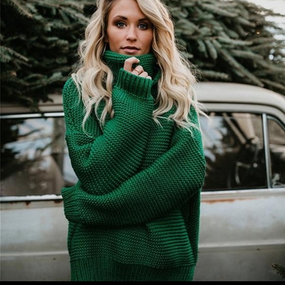 Green Extra Thick & Chunky Turtleneck Knit Sweater - Picture 3 of 9
